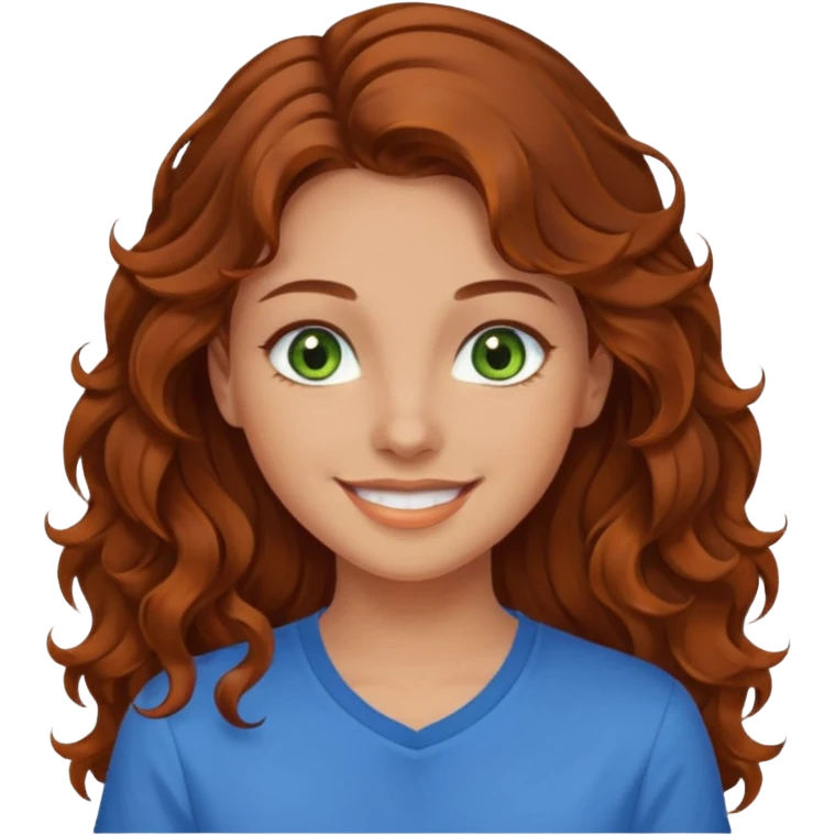 girl with brown hair, green eyes with a blue shirt no background ,young with curly hair smileing long hair not so curly and orange emoji