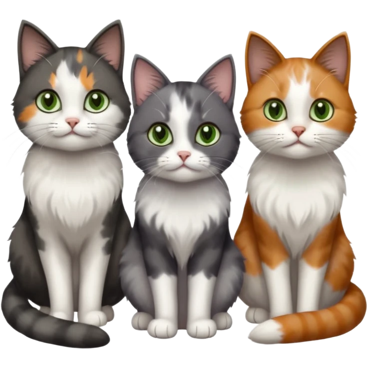 3 different coloured small cats including a dark grey and white, and a patchy calicowith hazel eyes  and a completely solid dark grey with green eyes and only white paws emoji
