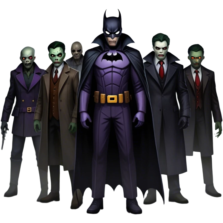 Icon for Thriller Movies: A large, dramatic collage featuring sinister villains and zombies in dark clothing. The background shows the gloomy cityscape of Gotham with dim lighting and eerie shadows. The atmosphere should be tense, mysterious, and suspenseful. Transparent background. emoji