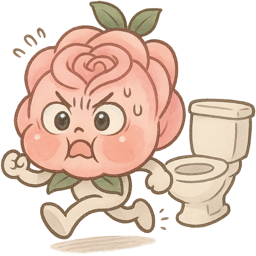 soft pink rose flower with puffed cheeks making a panicked toilet run, eyes bulging, legs dashing, pastel tones, chibi round shape emoji