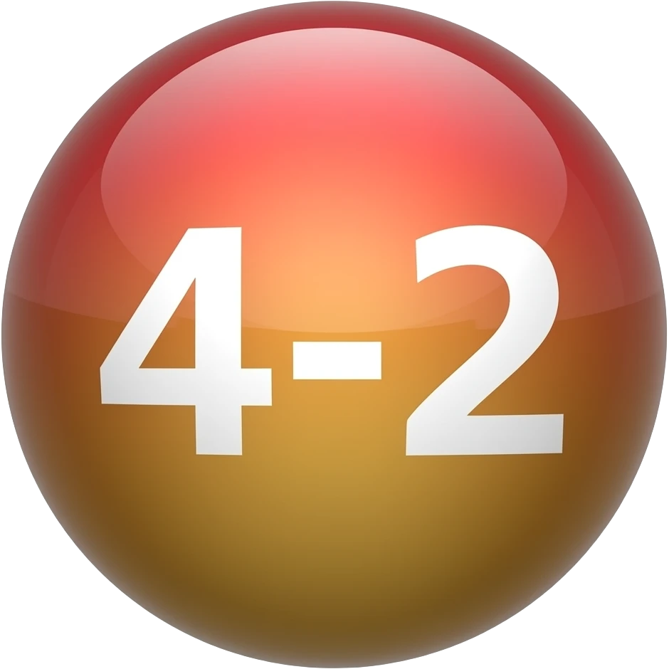 Glossy 3D sphere emoji, "4-2" bold white text centered, gradient from cherry red to gold, glass reflection highlight, bubble style icon emoji