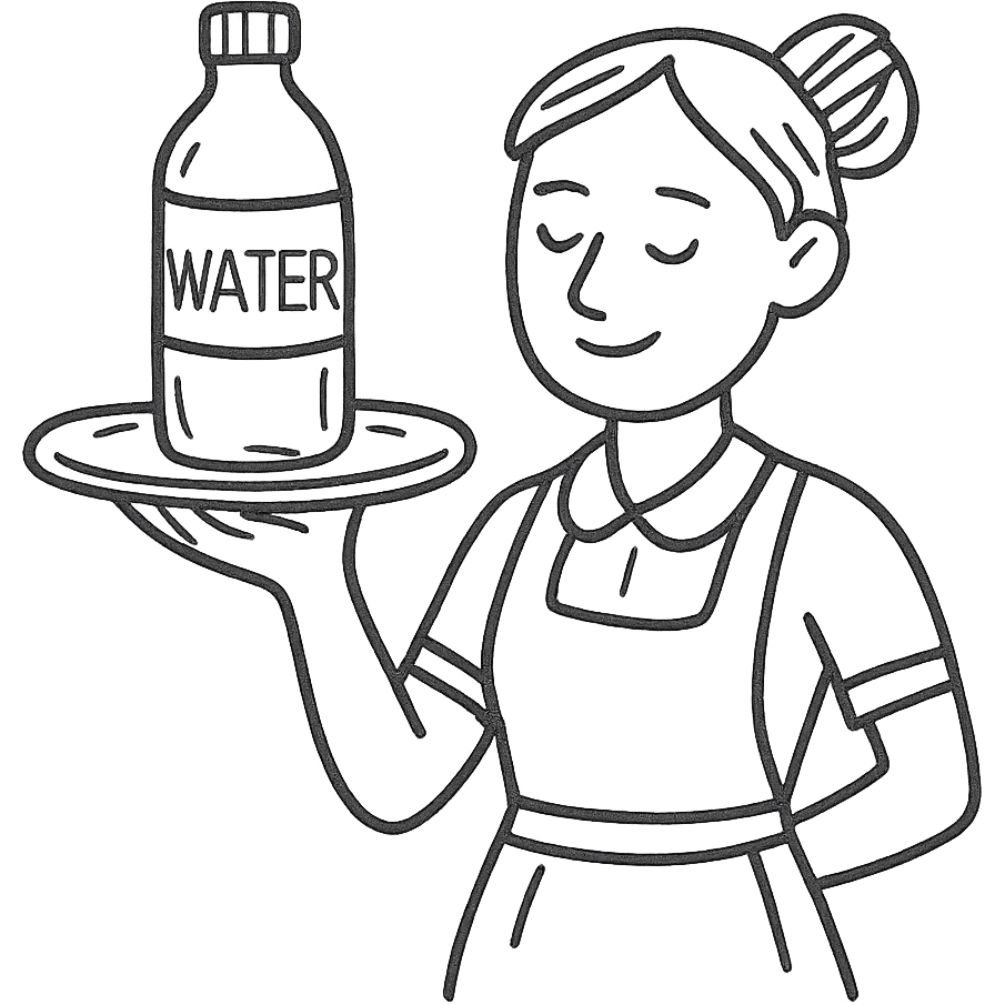 premium water bottle exposed on a premium plate by a high standard waitress emoji