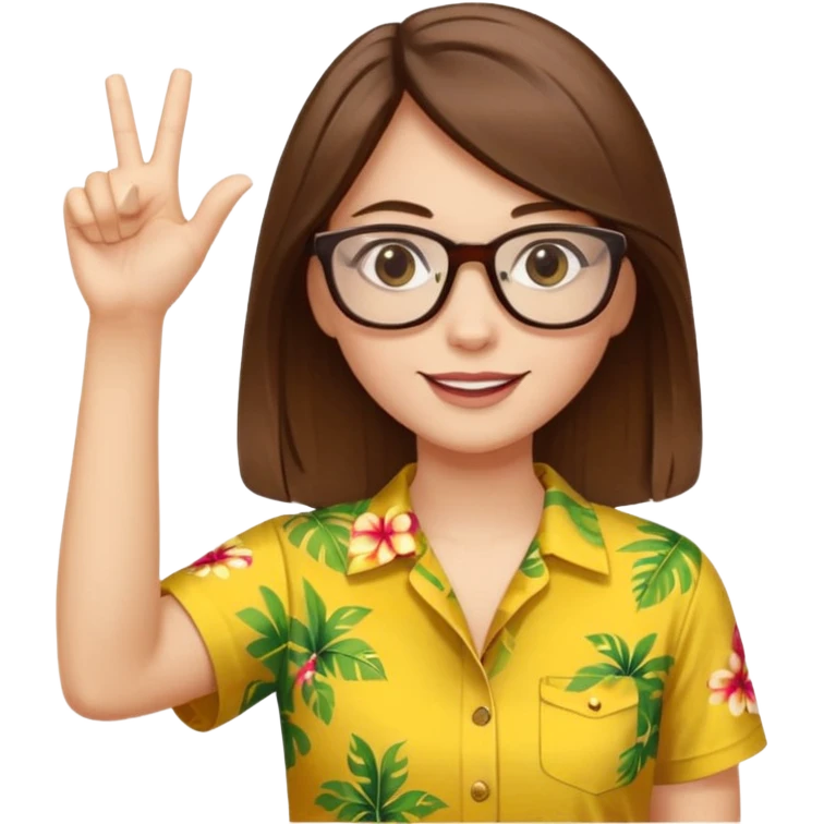Hawaii female with white skin. Shoulder length straight brown hair. Brown eyes with glasses. Female wearing yellow Hawaiian print shirt. Women is making a hang loose sign with her left hand emoji
