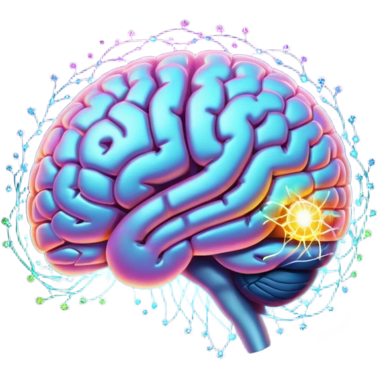brain with glowing quantum particles around emoji