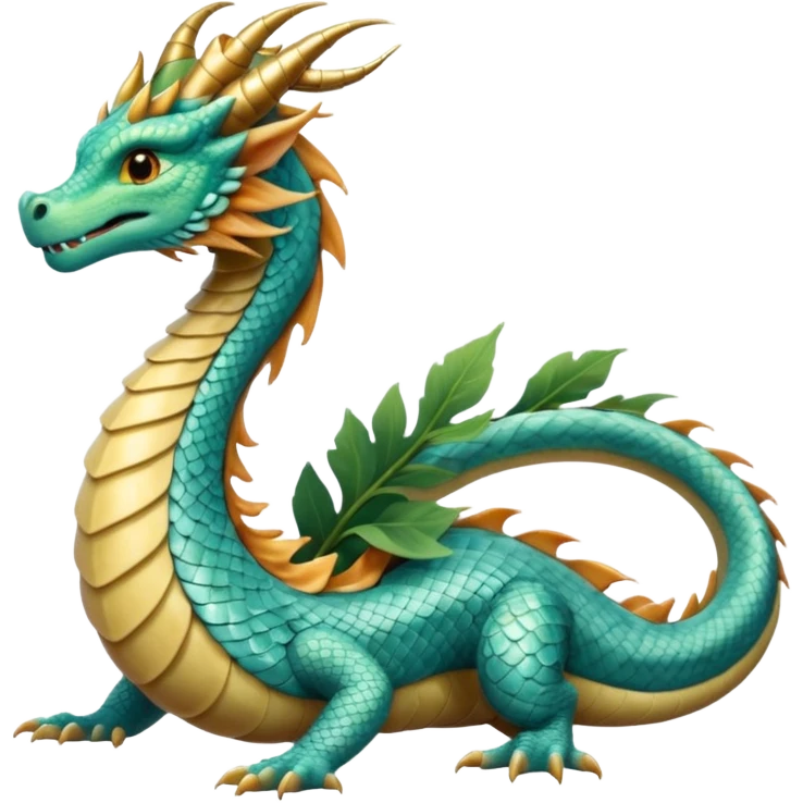  serpent dragon. Slim, serpentine body with smooth scales in soft blues and greens. Fluffy leaf plumes replace the tail fins, and a terracotta crown-like crest adorns its head. Gentle amber eyes. emoji