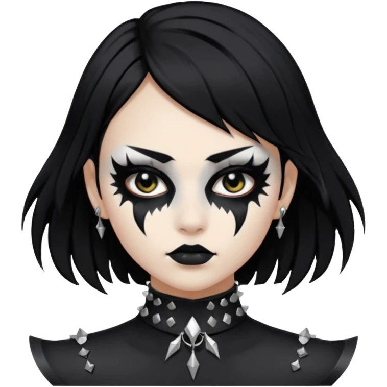 Crea una ragazza con stile black metal,  paint face black metal, capelli neri, mossi dalle spalle e occhi bianchi e un collare con borchie a punta emoji