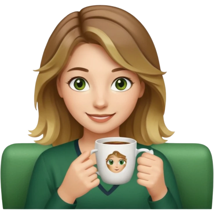 smiling girl with cup indoors green eyes  slightly wavy brown hair down to her shoulder with blonde highlights emoji