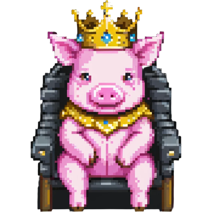 minimal abstract pixel art pig with a golden crown sitting on a throne, blocky and square like Minecraft, very few pixels emoji