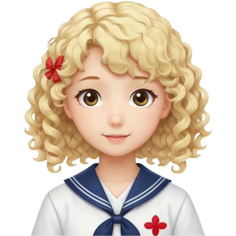 Sweet anime girl with blonde curly hair wearing Japanese sailor style school uniform, gentle smile, kawaii style emoji