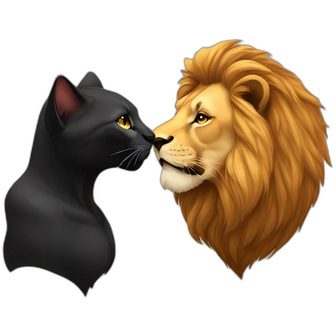 Big Lion and small black cat kiss emoji