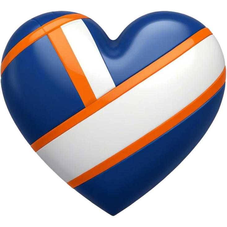 Glossy, sporty dark blue heart with diagonal white and orange athletic stripes going down one side emoji