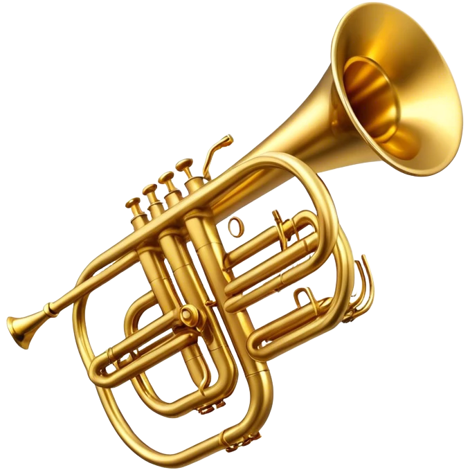 Cinematic Realistic Trumpet, rich golden brass with subtle tarnish marks, soft highlights emphasizing the intricate details, warm reflections of stage lighting bouncing off the metal, glowing with bold and triumphant energy. emoji