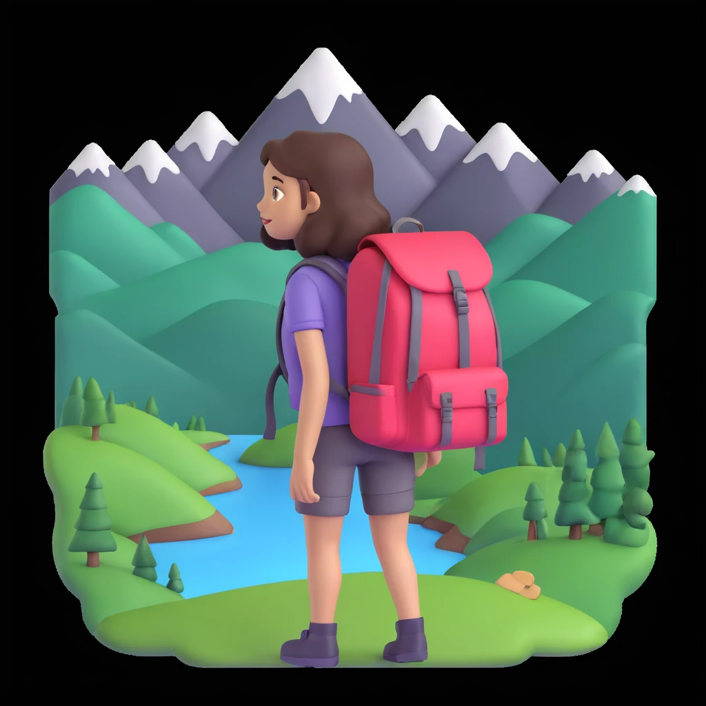 portrait of girl back packing mountains in background, close up pose emoji