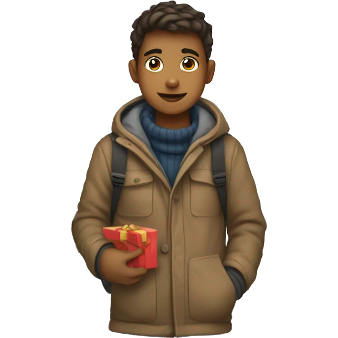 boy going christmas shopping, buying a lot of gifts, wearing warm clothes emoji