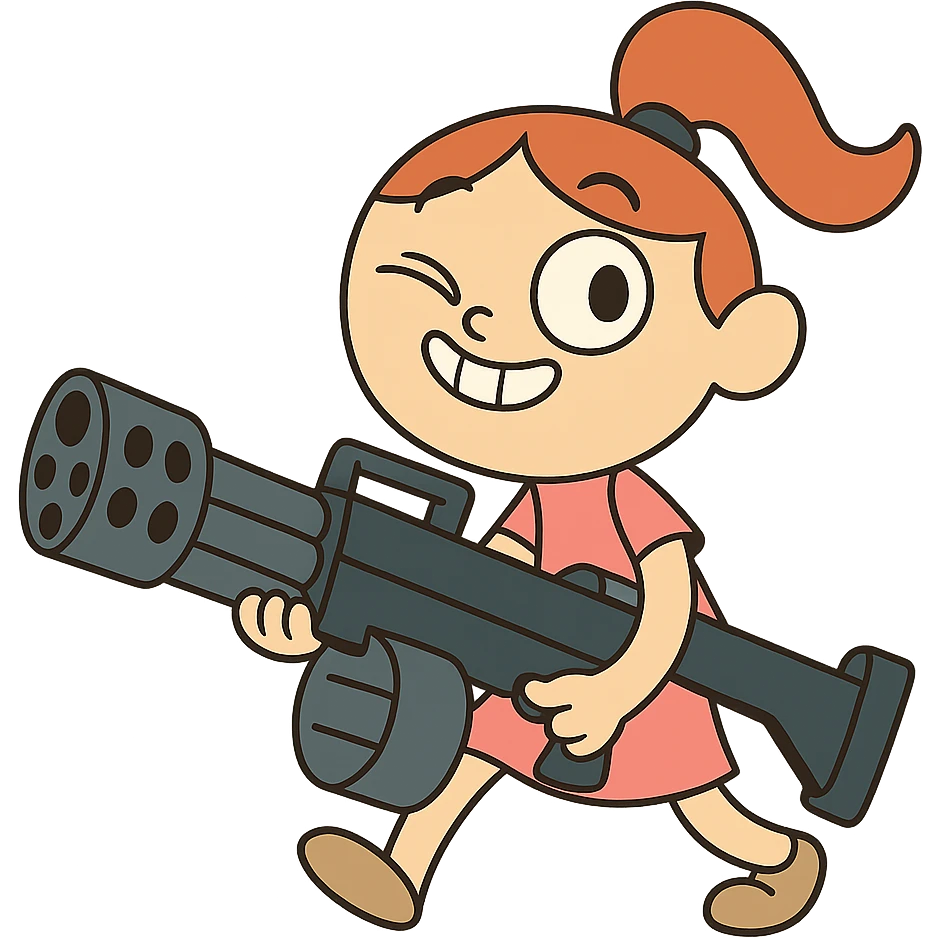 funny, positive stalker girl named Businka with a huge machine gun emoji