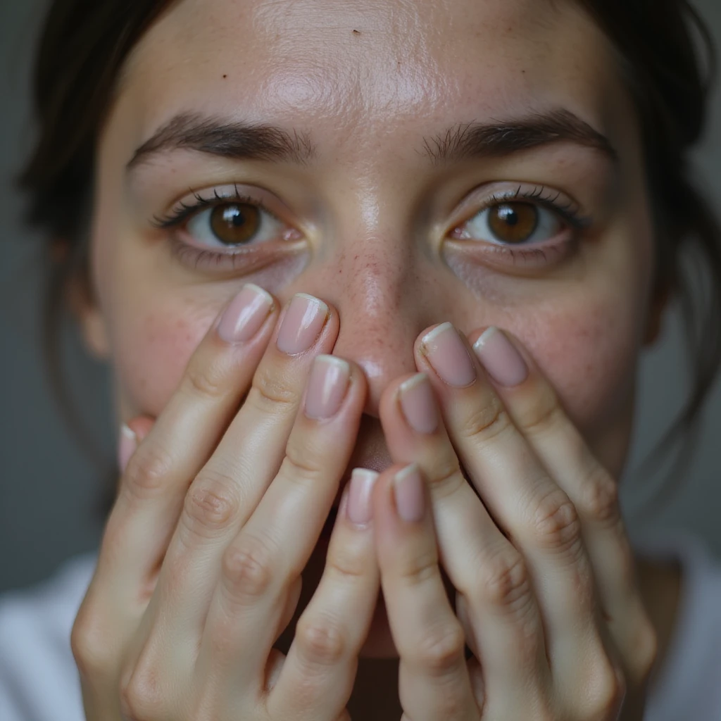 close-up of hands of a woman with vitamin B12 deficiency, fragile and pale nails, slight jaundice in the sclera of the eyes, hyperrealistic 4K details, vertical 9:16, neutral background emoji