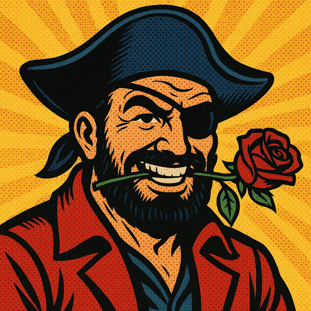 classic illustration style pirate with left eye patch and rose in teeth emoji