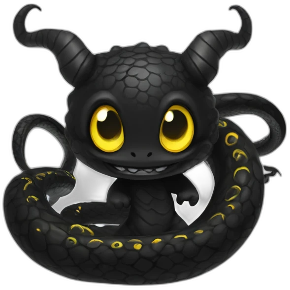 Chibi black serpent with horns and tentacles, 3 yellow eyes, dark black scales emoji