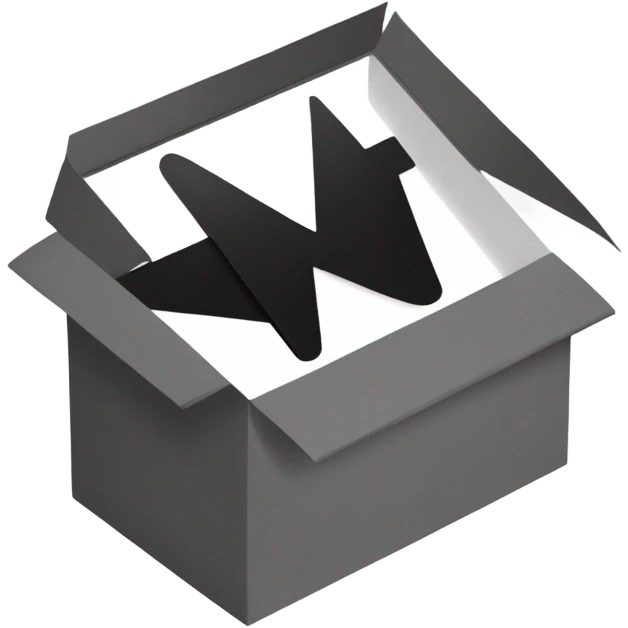 Flat 2D letter V with perpendicular wings inside flat black and white box emoji