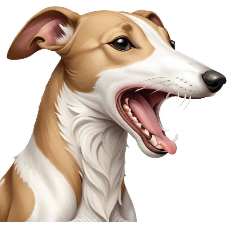Cinematic Cute Yawning White and Brown Greyhound Portrait Emoji, Head tilted slightly with a dramatic, wide-open yawn, showcasing a pristine white Fur with bold brown markings, floppy ears slightly drooping, round eyes barely open in drowsy contentment, Simplified yet irresistibly adorable features, highly detailed, glowing with a soft, cozy glow, high shine, relaxed yet expressive, stylized with a touch of whimsy, bright and endearing, soft glowing outline, capturing the essence of a sleepy yet affectionate companion, so drowsy it feels like it could stretch out of the screen and curl up for a nap! emoji