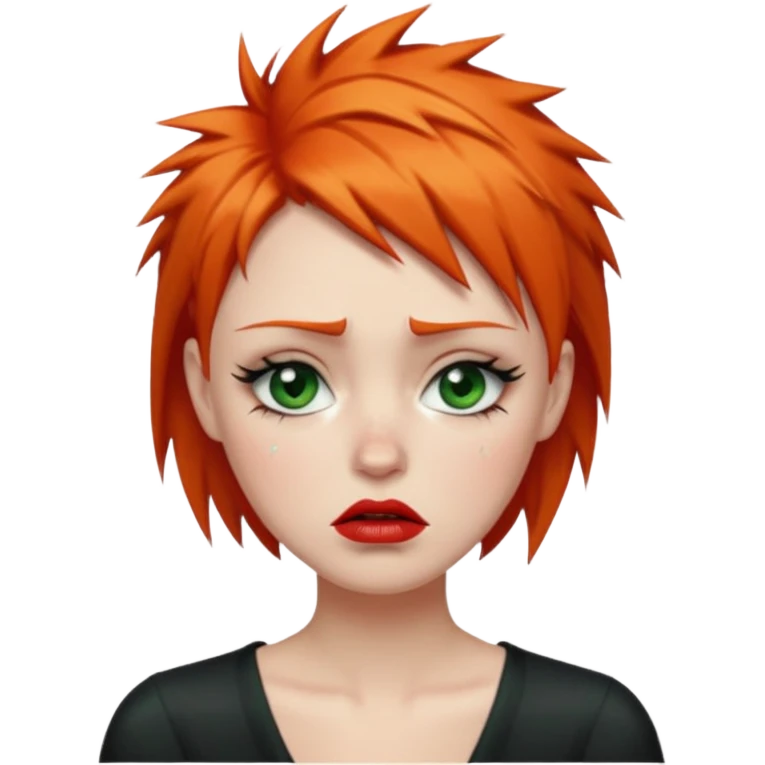 Short spikey Ginger hair, green eyes, black long eye lashes large red lips White woman very sad crying years coming out or eyes emoji