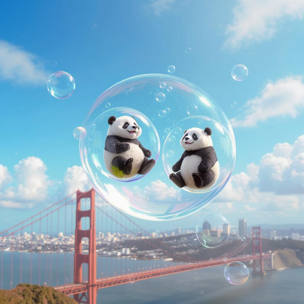 Cinematic still pandas bears sitting inside bubbles flying around San Francisco downtown, sunny summer day, happy vibe emoji