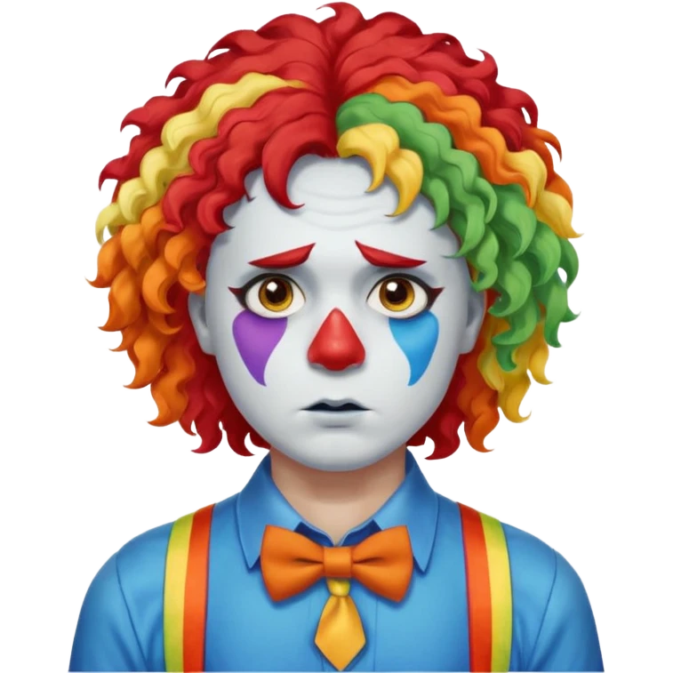 Rainbow-colored curly wig (red, yellow, green, and blue).

White face paint with blue eye makeup and a red nose.

Wearing orange suspenders over a blue shirt.

Sad, frowning expression. emoji