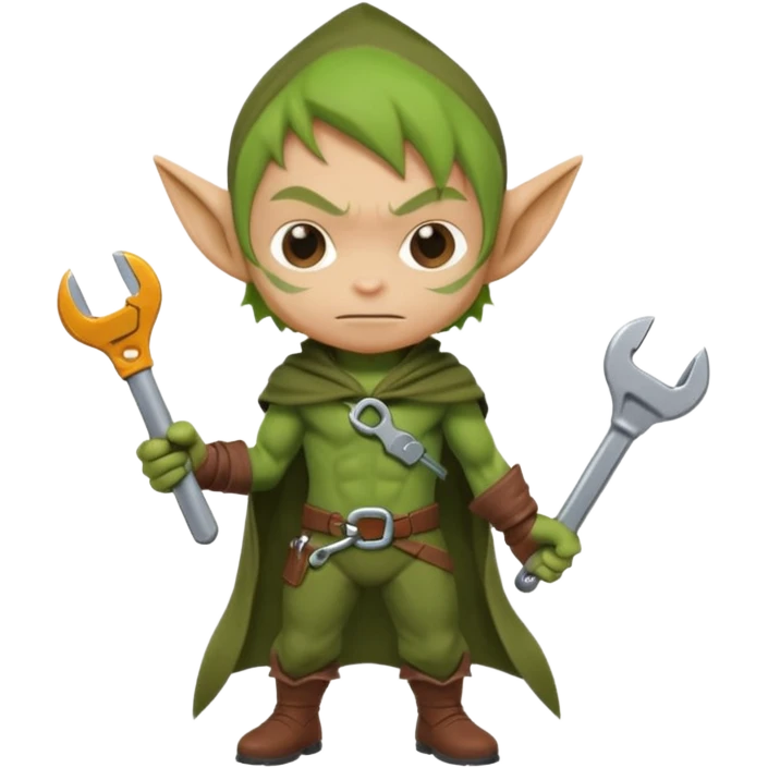 short green goblin, hold a wrench, brown cloth, cute chibi full body emoji