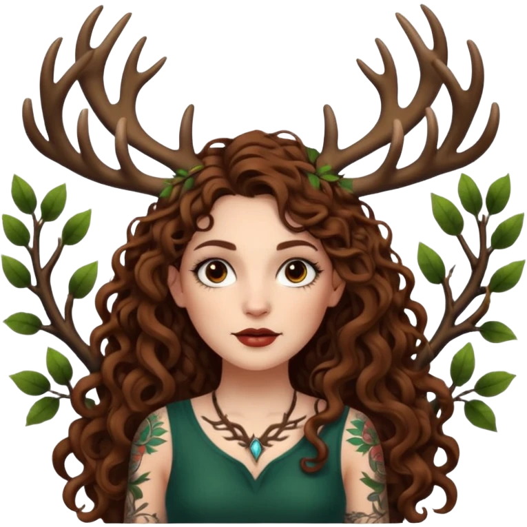 woman with long curly brown hair, brown eyes, white skin, tattoos, tree branches forming antlers above her emoji
