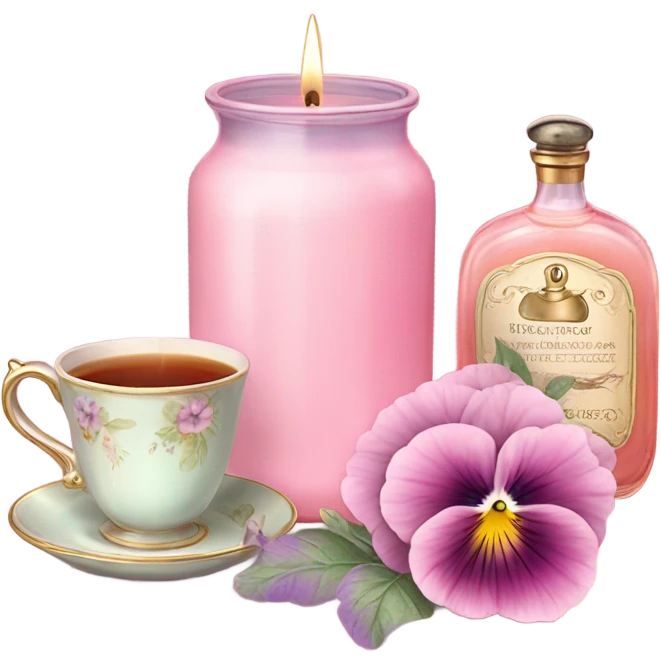 A cozy aesthetic: a pink candle in a glass jar, pastel pink pansies, a vintage perfume bottle, and a cup of steaming tea. emoji