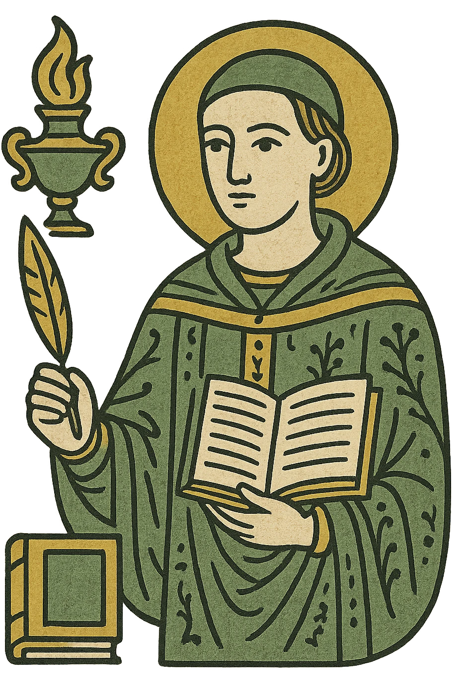general education icon, classic look, green gold and white color scheme, elegant lines, decorative details, no background emoji