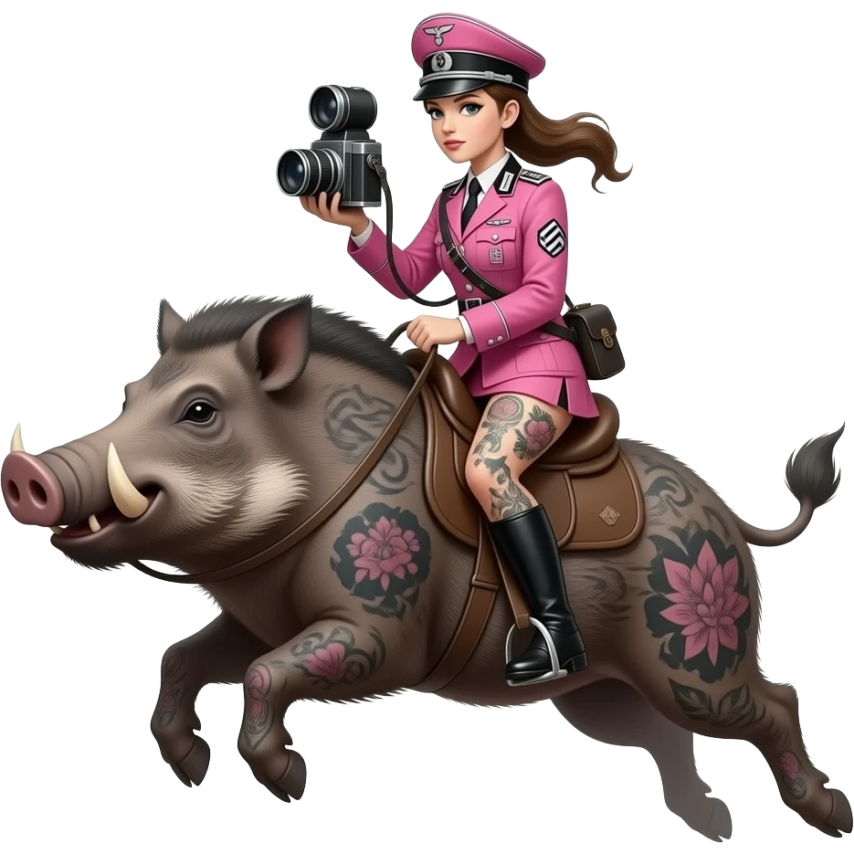 steampunk surreal - creepy female rider in pink WWII German army uniform jumps on a large tattooed boar with an antique dual lens camera emoji