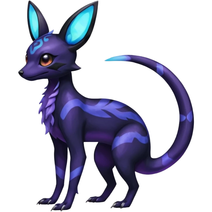 Rare epic aesthetic iridescent spooky gloomy colorful Salandit-Umbreon-Eevee-Genet-species-Fakemon-hybrid-creature, with markings, full body emoji