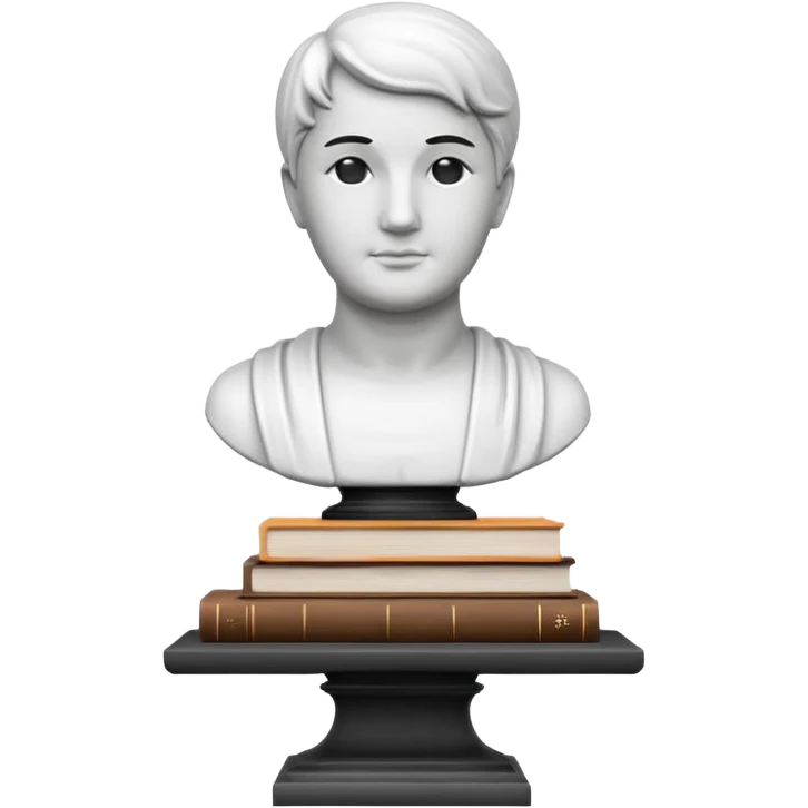 Minimalistic flat vector icon, iOS style, thin black contour on white background. Bust statue on a small pedestal next to a stack of books, symbolizing classic literature. Clean, no text, no shadows emoji