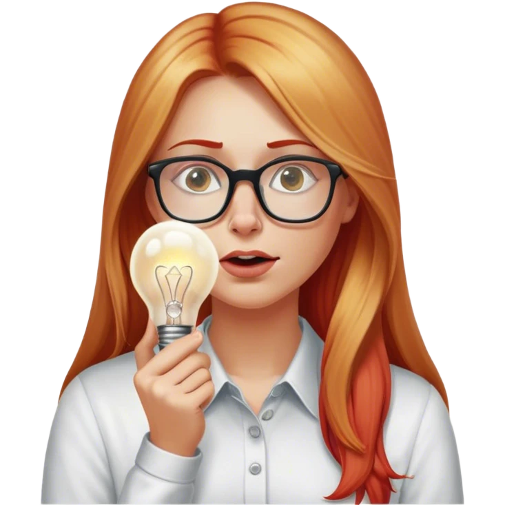 intelligent and clever, 30 year old, girl, long red and almost blond hair, glasses, has an brillant idea, rubs his nose, light bulb over the head, casual cloth  emoji