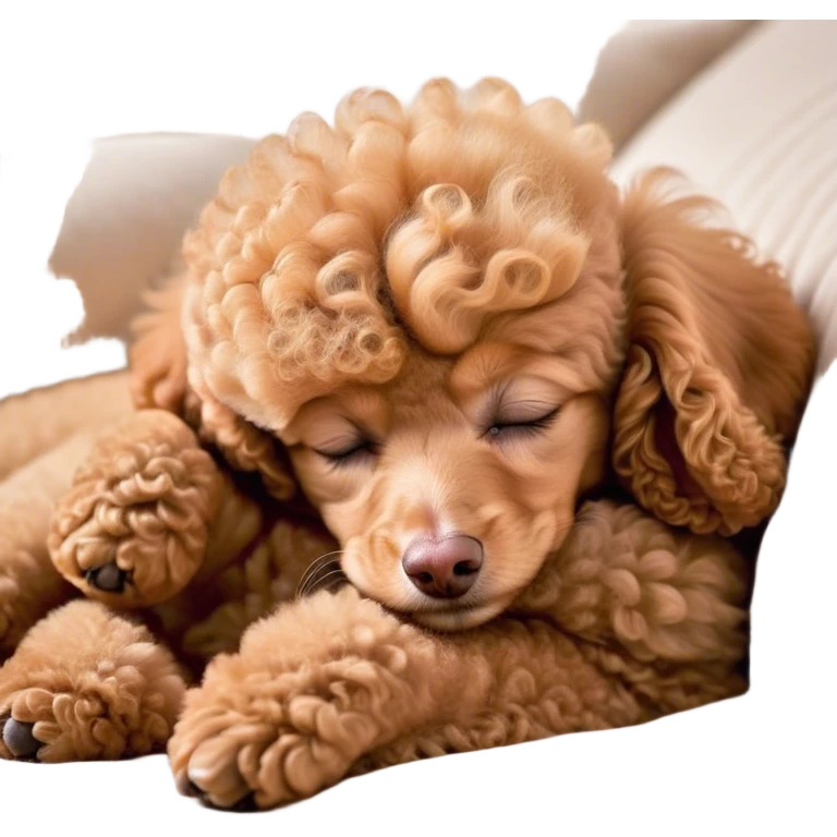 Meme-Worthy Cute Sleeping Apricot Poodle Portrait Emoji, Head resting peacefully with a contented smile, showcasing a delightfully elegant build and a luxuriously soft, curly apricot Fur, eyes shut in a serene nap, Simplified yet hilariously adorable features, highly detailed, glowing with a soft, drowsy light, high shine, relaxed and utterly lovable, stylized with an air of playful laziness, bright and heartwarming, soft glowing outline, capturing the essence of a comically sleepy companion, so meme-worthy it feels like it could instantly become the next viral sensation of adorable slumber! emoji