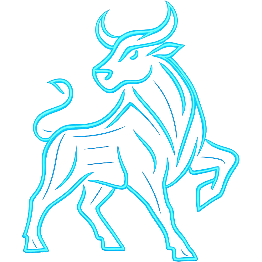 Transform the bull logo into a modern, tech-inspired style with a glowing blue effect. Emphasize a sleek, futuristic look with luminous blue highlights and a transparent background. Maintain the bull's shape but give it a high-tech, digital aesthetic with glowing blue accents and a luminous aura. emoji