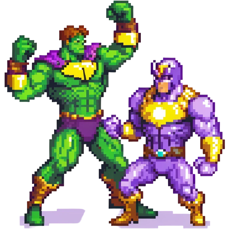 Hulk vs Thanos battle scene, green muscular superhero fighting purple villain with Infinity Gauntlet, action poses emoji