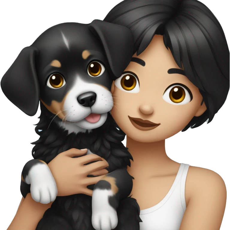 girl with medium black hair holding black and white puppy emoji