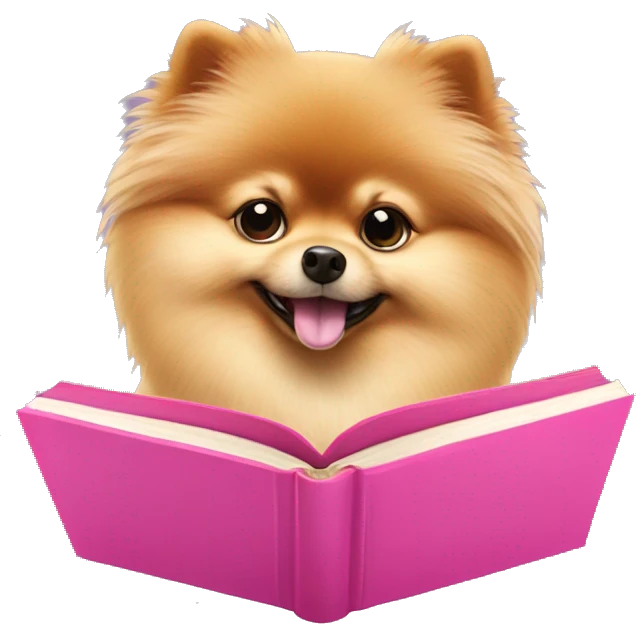 a pomeranian spitz reading a pink book emoji