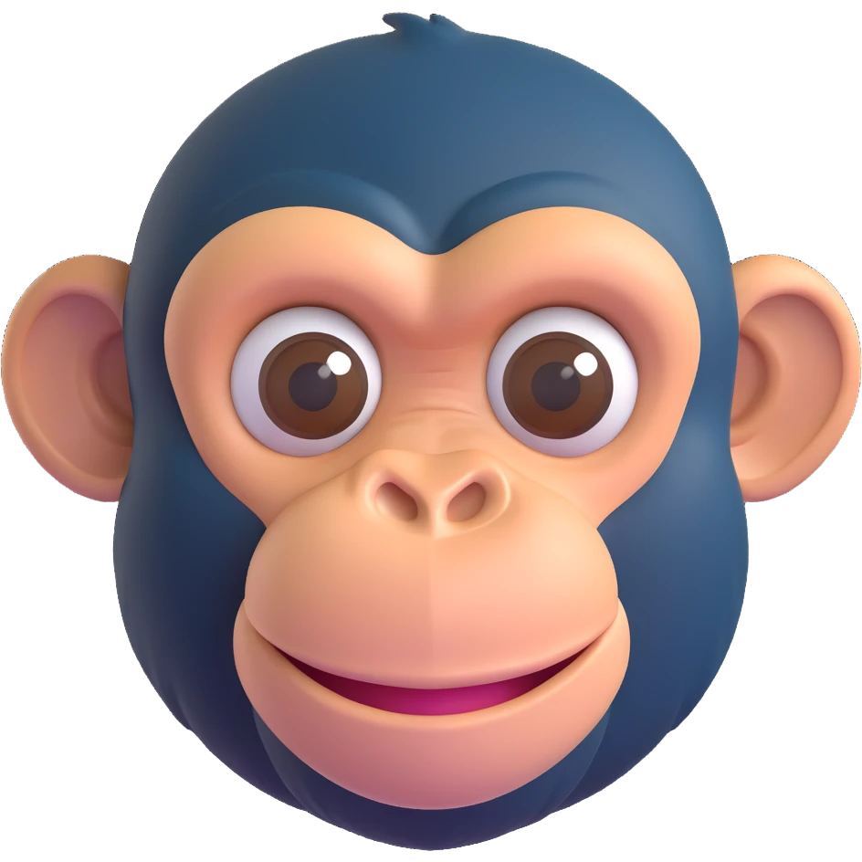 3D emoji style chimpanzee face, friendly expression emoji