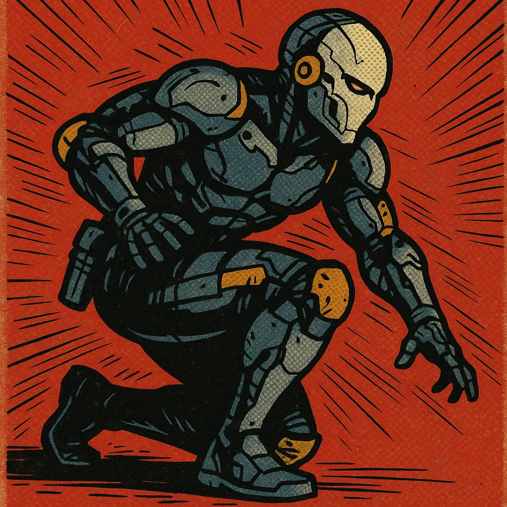 Grey Fox (Metal Gear Solid) in a stealthy pose, cybernetic details highlighted, dramatic lighting, comic book style emoji