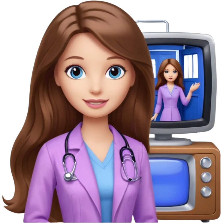 beautiful barbie girl with long brown hair, blue eyes and wearing light purple clothes watching tv show doctor who emoji