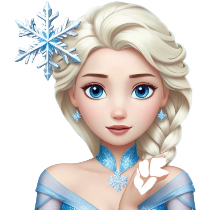 Cinematic Realistic Elsa Portrait, depicted with lifelike skin texture, soft natural lighting, and intricately detailed platinum blonde hair styled elegantly. Her striking, expressive blue eyes exude confidence and grace, complemented by a serene and regal expression. She holds a shimmering snowflake delicately in one hand, her other hand resting against her gown, embodying the power and beauty of winter. She is dressed in her signature icy attire, with shimmering fabric textures and delicate folds that catch the light beautifully. The portrait features a soft, enchanting glow with a cool, radiant finish, capturing the essence of timeless elegance in a realistic and painterly style. emoji