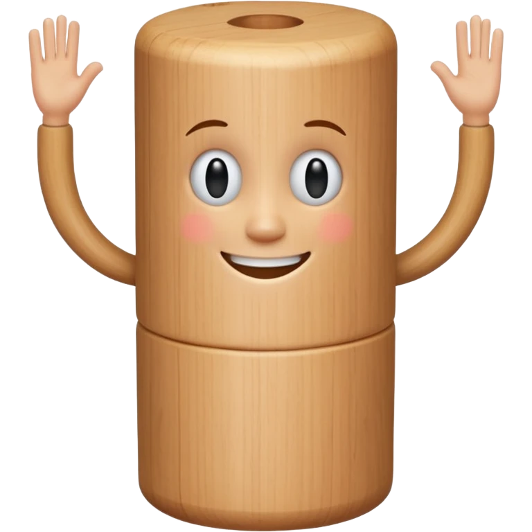 A wooden cylinder with a  face with arms and legs  emoji