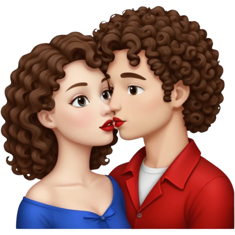 A couple kissing, the man would be white-skinned, curly, brown-hair. The serious woman with white skin, brown color emoji