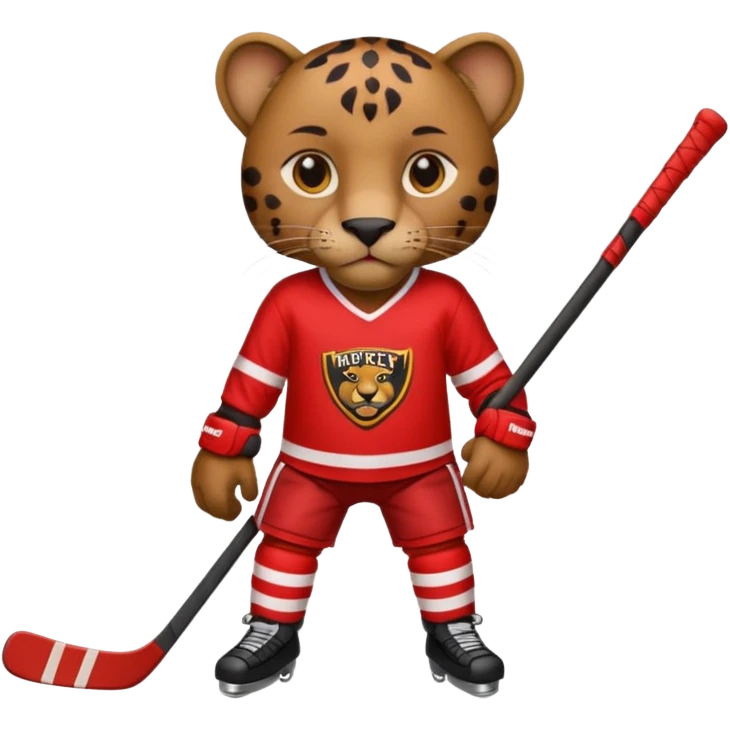 Brown Panther in red hockey jersey with hockey stick  emoji