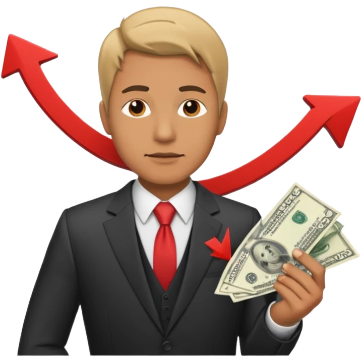 a man, and next to him are bills of money and a red arrow that points down emoji