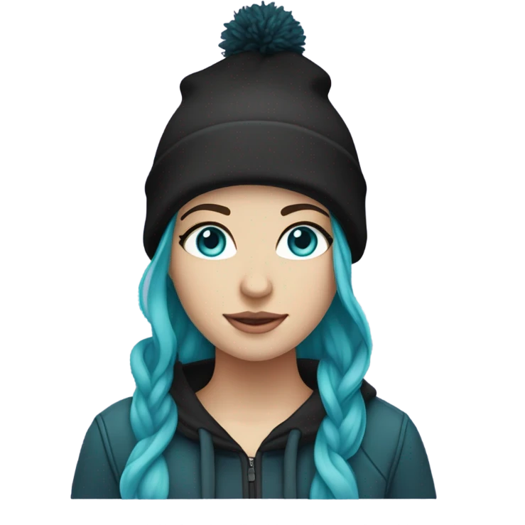 White girl, blue eyes, long teal hair, purple beanie hat, black hoodie, blue jeans, black shoes emoji