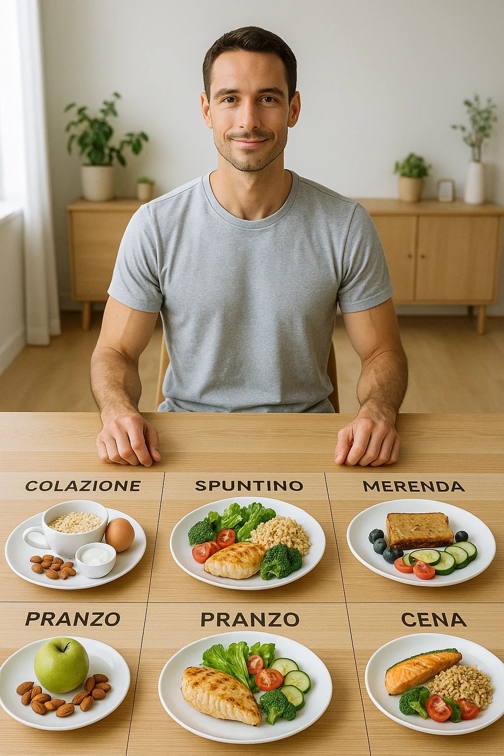 Uomo sereno con fisico sano e asciutto seduto davanti a un grande tavolo diviso in 5 sezioni, ognuna con un pasto bilanciato: colazione, spuntino, pranzo, merenda, cena. Ogni piatto ha porzioni equilibrate di proteine, carboidrati e grassi salutari. Ambiente ordinato, stile di vita sano, luce naturale, atmosfera di consapevolezza nutrizionale. in italiano emoji